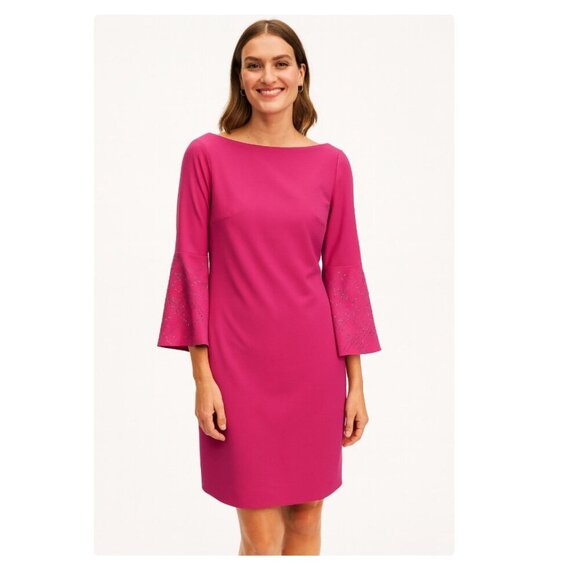 Chiara Boni Dress Womens IT 42 Pink Shift Rhinestone Bell Sleeve Made in  Italy